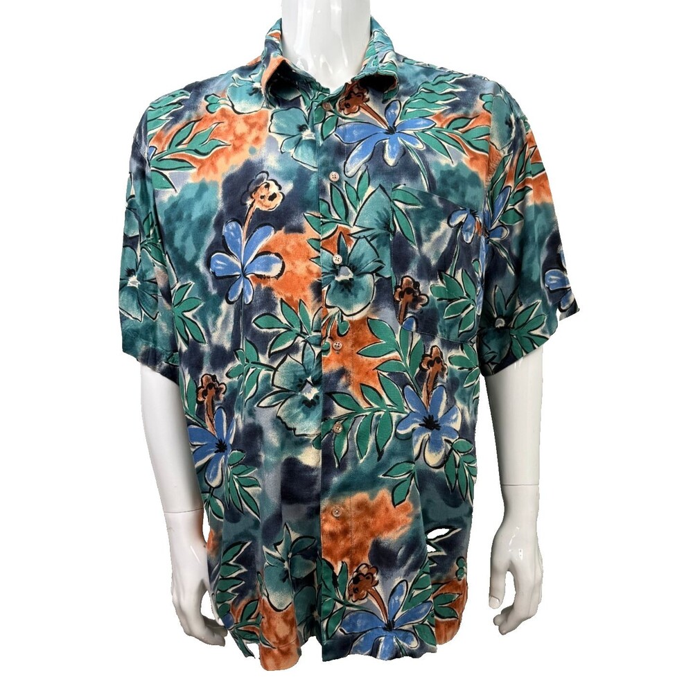 ME Sport Vintage Hawaiian Shirt XL Tropical Floral Blue‎ 90s Rayon Single Stitch